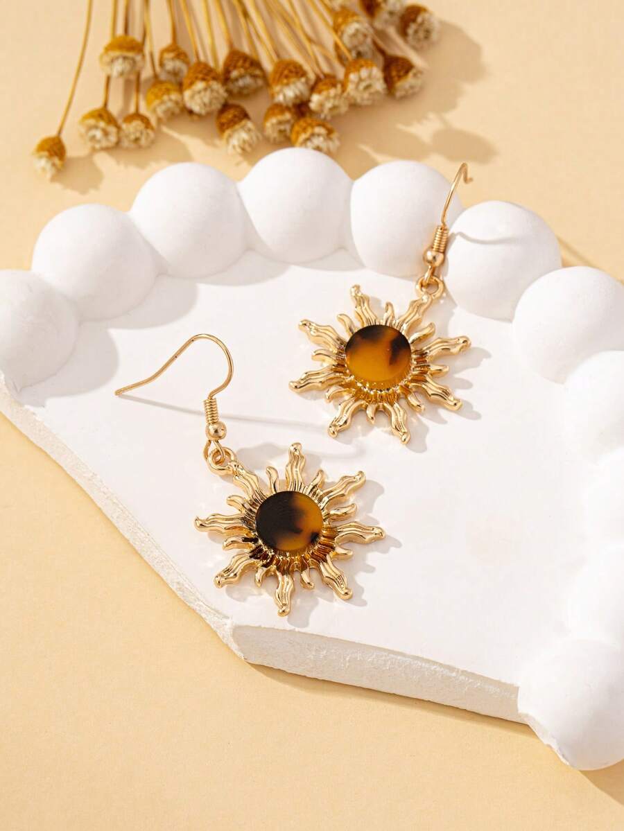 波西米亚风绿色太阳吊坠耳环 - 锌合金，316L 不锈钢耳钉，适合搭配休闲服装和礼物 - 豹紋 - 查看 1