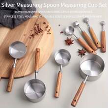 8pc Stainless Steel Measuring Cup And Spoon With Rosewood Handle, Durable Kitchen Baking Tools Including Spice Spoon And Coffee Spoon, Nested Design For Easy Storage, Suitable For Baking Cooking And Cocktail Making - Bộ 8 món bạc - Xem 1