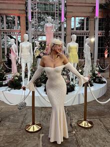 1pc Solid Color Lace Off-Shoulder Elegant Fitted Cocktail Party Wedding Dress, Valentine's Day Spring - Apricot - View 5