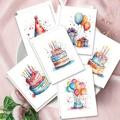 Conjunto de 12 cartões coloridos com estampa de bolo de aniversário (com envelopes) - perfeito para aniversários, agradecimentos e ocasiões especiais, material escolar, volta às aulas