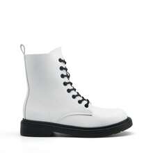 Women Lace-Up Combat Boots Ankle Booties Round Toe With A Lace-Up Front And Side Zipper Retro Motorcycle Boots - trắng - Xem 7