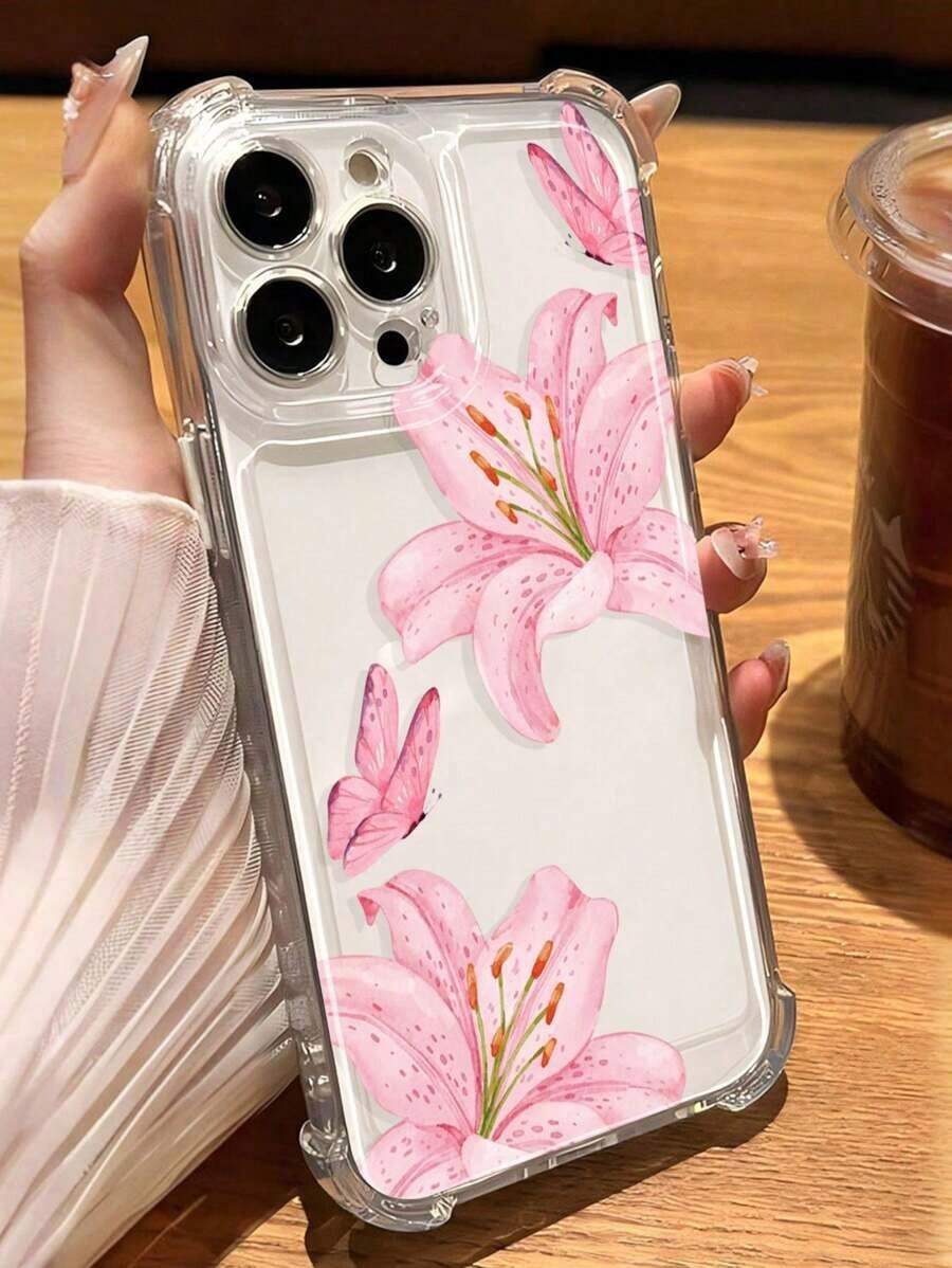 1pc Flower Phone Case Ins Style Pink Flower Lily Butterfly Pattern Transparent Soft Phone Case Compatible With IPhone 11/12/13/14/15/16 Pro Max Cute Phone Case - Nhiều màu 5 - Xem 1