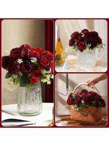 1 件/3 件人造牡丹花丝绸绣球花束假玫瑰球菊花适合秋季婚礼花瓶用于家庭餐厅卧室装饰、节日生日派对配件、户外花园装饰 - 酒紅色 - 查看 3