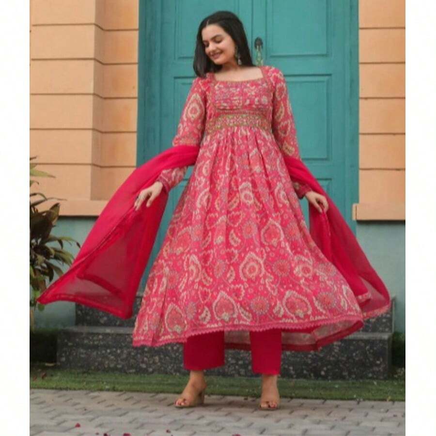 Dark Coral Pink Plus Size Anarkali Suit Set - Coral Pink - View 1