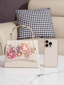 New Flower & Pearl Decor Party Handbag, Elegant & Sweet Style Clutch Purse For Women, Suitable For Formal Event, Party Dress, Cell Phone, Lipstick, Fashion Versatile