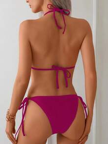 New Solid Color Chain Decor Sexy High Stretch Shiny Fabric Halter Women Swimsuit Set - Rose Red - View 5