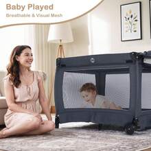 Kinder King 4 In 1 Foldable Pack And Play With Bassinet & Changing Table, Portable Playard For Babies And Toddlers, Convertible Newborn Crib Baby Bed With Canopy, Storage Bag, Dark Gray - 深灰色 - 查看 3