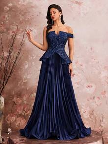 Váy dạ hội cổ điển hở vai BluePlum dành cho nữ, váy dạ hội không tay, sang trọng, xếp ly, gợi cảm, cầu kỳ, đính cườm lấp lánh, sang trọng, màu xanh navy. - Màu xanh hải quân - Xem 3