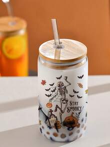 1 peça, copo com canudo e tampa de bambu, copo de água com caveira de Halloween, copo de água em formato de jarra de 500 ml, xícara de chá de frutas reutilizável para festa, presente de Halloween, presente de Natal, para família e amigos, xícara de café gelado, chá, suco, leite, presente de aniversário, bebida