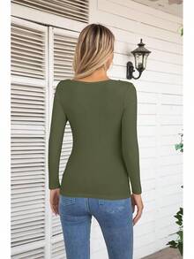 Womens Fashion Fall Cutout Long Sleeve Ribbed Slim Fitted Tops Shirts Tee Tshirts - Xanh dài - Xem 4