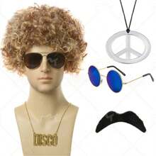 Ensemble de costume disco des années 70/80 pour hommes en 5 pièces - Perruque afro bouclée, lunettes de mode bleues, collier pendentif doré "Disco", chapeau en filet élastique et barbe - Convient pour les fêtes, les jeux de rôle et la décoration d'Halloween