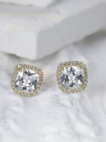 Nooxian 2 件白色方晶锆石方形耳钉，闪亮男士水钻耳环 - 金黃色 - 查看 3