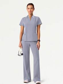 Women's V-Neck Short Sleeve Multi-Pocket Elastic Pants Scrubs, Nurse Scrubs Workwear, Dentist Healthcare Pet Hospital Laboratory Uniform Set - Light Grey - View 4