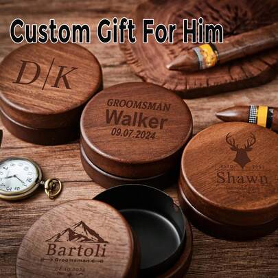 Customizable Laser Engraved Wooden Ashtray With Lid, Personalized Walnut Desktop Tray, Gifts For Men, Laser Engraved Ashtray, Customized Wooden Ashtray, Personalized Smoking Tray, Windproof Ashtray Cover, Gifts For Men, Desktop Ashtray, Walnut Ashtray, Father's Day Engraved Gift, Groomsmen Gift, Customized Gift For Smokers, Office Decor Tray, Father's Day Gift, Retro Ashtray, Retro Wooden Windproof Ashtray, Suitable For Office, Patio, Home Decor