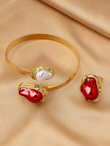 2 件套波西米亚风格红色不对称人造珍珠可调节戒指和手镯，优雅的女士节日派对配饰