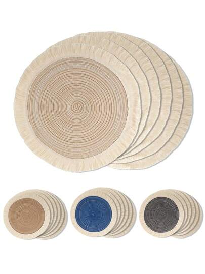 1pc/4pcs/6pcs 15 Inch Round Woven Fringe Placemats, Washable Non-Slip Heat-Resistant Table Mats, Suitable For Home, Dining Table Decor, Spring, Outdoor, Holidays, Parties, Gifts