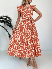 Vestidos Largos Casuales Elegantes Fiesta Moda Ropa Mujer,Vestido Con Cinturón Plisado Con Estampado Floral Y Diseño De Plantas - Naranja - Ver 4