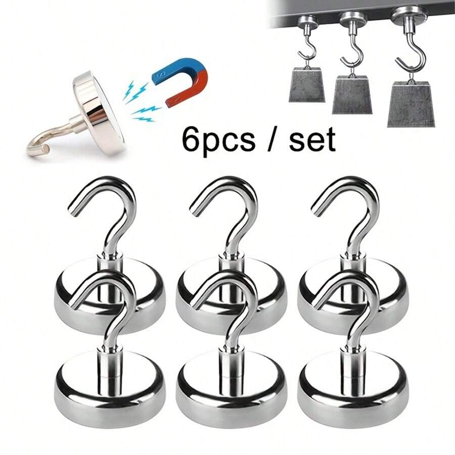 6pcs Magnetic Hooks - Magnetic Hooks, Easy Wall Mounting, Polished Metal Surface, Suitable For Home Organization, Kitchen, Office, Cruise And Camping, Multi-Style