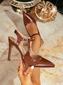 女士新款性感优雅约会婚礼派对办公室制服纯色漆皮尖头细高跟鞋