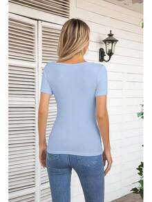 Womens Fashion Fall Cutout Long Sleeve Ribbed Slim Fitted Tops Shirts Tee Tshirts - 短款藍灰色 - 查看 4