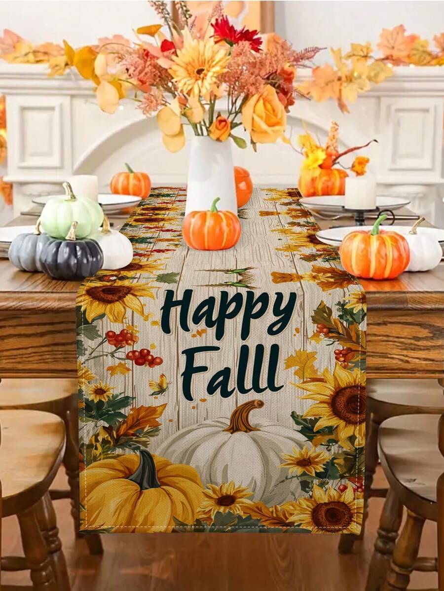 1pc/10pcs Autumn Pumpkin Table Runner, Thanksgiving Table Decoration, Harvest Festival Table Flags, Seasonal Home Decor, Farmhouse Style, Linen-Like Fabric, 33*91cm/33*183cm/33*274cm, 3 Size Options, Indoor & Outdoor Party Supplies, Pumpkin Theme Decoration, Room Decor. Suitable For Home Kitchen Decor And Event Party Decoration
