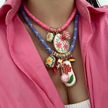 1pc Summer Dopamine Colorful Rope & Alloy Flower, Coral, Plumeria Pendant Necklace For Women - (Handmade Pendant Position Random)