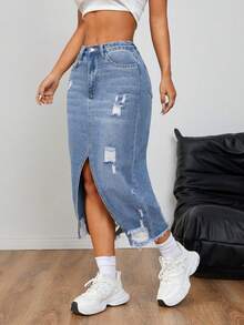 Women's Fashionable Distressed Denim Casual Skirt With Pockets, Versatile Streetwear For Summer, Spring, Fall, Daily Wear, Dates, Beaches, Festivals, Photoshoots, Travel - Medium Wash - View 2