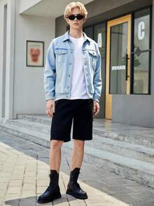 Chamarras de Mezclilla para Hombre Fashion Outfit de Caballero Chamarra de Mezclilla con Diseño Clásico de Manga Larga con Bolsillos y Solapa Sin Capucha - Celeste - Ver 3