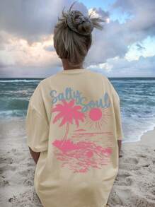 SALTY SOUL Women's Spring/Summer New Seaside Resort Coconut Tree Sun Printed Daily Casual Round Neck Short Sleeve T-Shirt Fashionable Dressing, Your Daily Vacation Essential. Vacation Outfits Women Graphic Tees Women