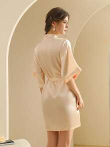 女士真丝睡袍，轻盈开襟长款睡袍，适合新娘、朋友、居家及酒店穿着。 - 香檳色 - 查看 2