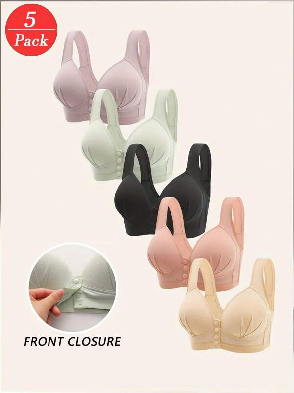 5pcs Casual-Comfy Plus Size Elegant Solid Bra- Front Buckle Seamless Comfort Underwear, Soft And Breathable, Adjustable Straps -Stylish Lingerie