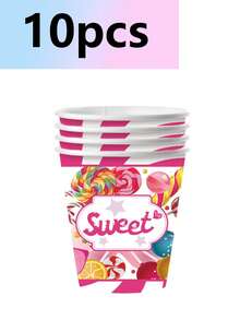 Set de 10 piezas de platos de papel con temática de pastel de caramelo, galletas para fiesta de cumpleaños, platos, vasos y servilletas de papel desechables, suministros para fiesta de cumpleaños, campamento, merienda, banquete, boda, con diseño de limón y paleta