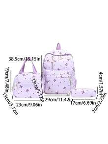 返校季 3 件套新款面料背包、手提包、铅笔盒、蝴蝶结图案印花、大容量拉链开合、时尚甜美、精致温柔、可爱便捷、百搭永不无聊 - 紫色 - 查看 2