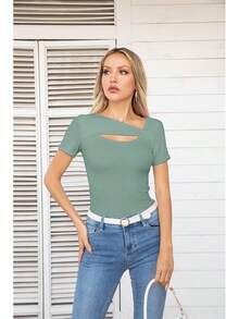 Womens Fashion Fall Cutout Long Sleeve Ribbed Slim Fitted Tops Shirts Tee Tshirts - Short-moss Green - View 6