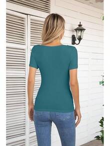Womens Fashion Fall Cutout Long Sleeve Ribbed Slim Fitted Tops Shirts Tee Tshirts - Short-teal - View 4