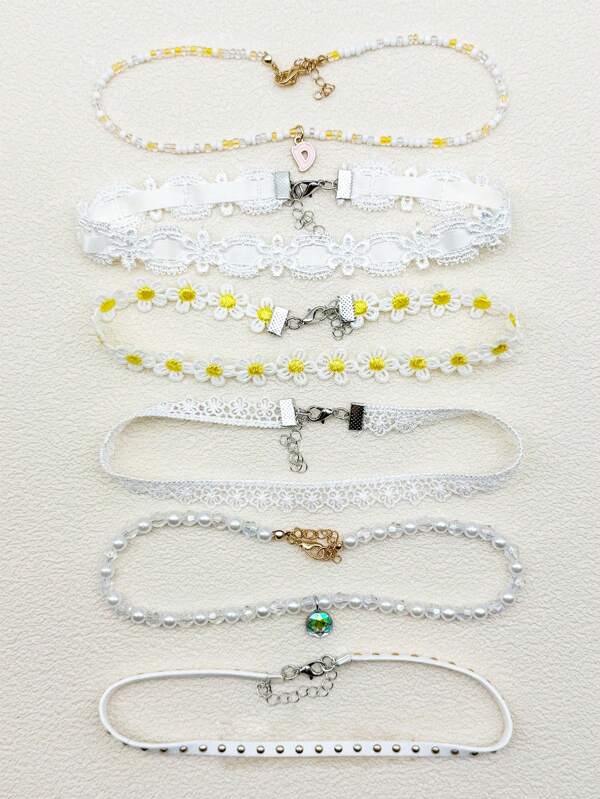 Set de 6 Chokers de estilo gótico para niña, chokers de encaje para uso diario, de vuelta a la escuela, cómodos de usar