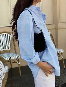 Áo sơ mi nữ kiểu Hồng Kông cổ điển mới, màu trơn, dáng rộng, thích hợp cho kỳ nghỉ và du lịch mùa xuân. - Màu xanh lam - Xem 4