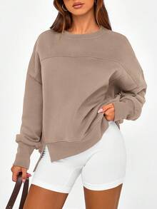 Women's Casual Round Neck Sports Shirt Autumn Winter Long Sleeve Side Slit Solid Color Pullover Hoodie Top - 淺咖色 - 查看 3