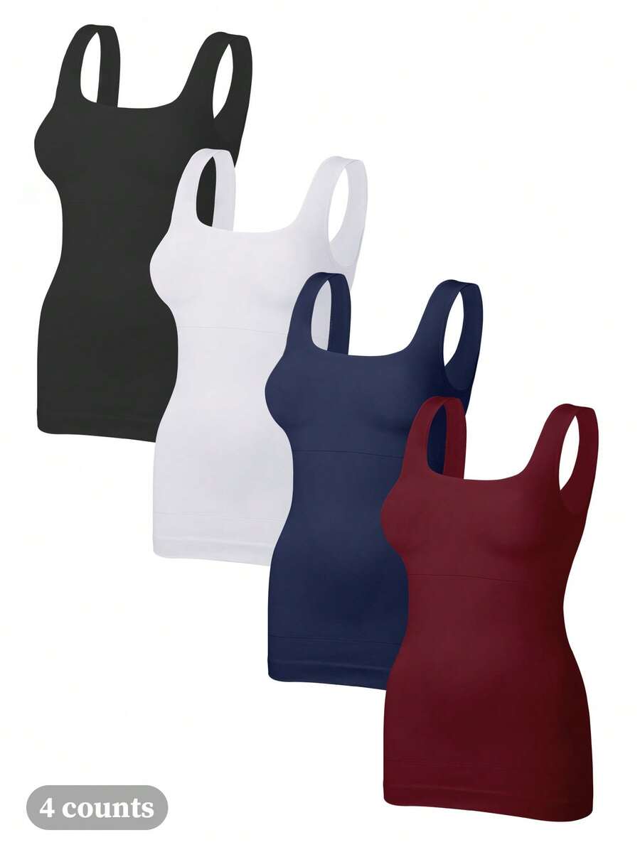 1/2/3/4PCS Women Sports Yoga Shapewear Tank Tops Seamless Square Neck  Camisole - Đen/Trắng/Xanh navy/Đỏ rượu - Xem 1
