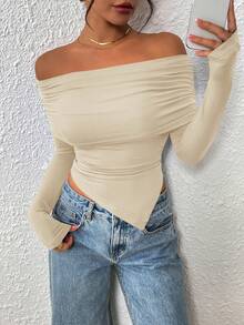 Women's Long Sleeve Shirts Off Shoulder Tops Going Out Slim Fitted Y2K Blouses Fall Fashion Clothes - Màu be - Xem 3