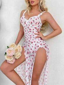 SOFUSEN 2pcs Floral Polka Dot Mesh Ruffle Trim Split Thigh Cami Nightdress Set With Underwire Bra & Thong,Valentine's Day,   Gifts - Hồng Trắng - Xem 2