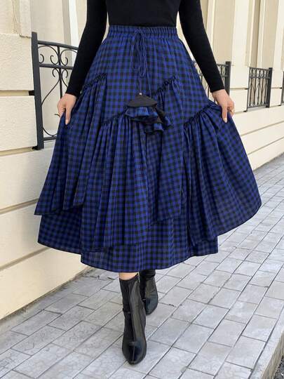 女式格子印花休闲荷叶边下摆半身裙
