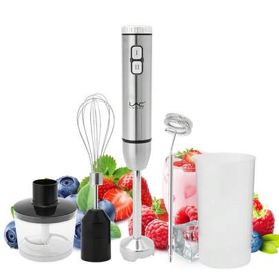 LAC 1pc EU Plug Powered Multi-Functional 5-In-1 Food Processor/Blender Set, Includes Whisk Attachments, Stainless Steel Containers, LED Indicator, Variable Speed Control For Fast Mixing & Chopping