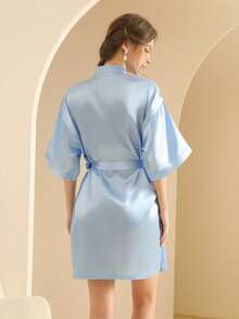 Women's Silk Nightgown Wedding Dressing Robe Lightweight Cardigan Robe Bridal Morning Robe Friend's Robe, Suitable For Home And Hotel Wear. - Light Blue - View 2