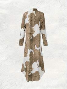 Women's Elegant Daily Dress, Floral Print Long Sleeve Button Down Shirt Dress, Fashionable Bohemian Full Body Print Casual V-Neck Maxi Dress With Side Slit, Polyester Blend, Machine Washable, Suitable For Spring/Summer/Autumn