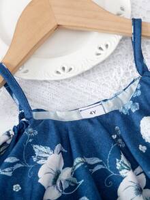 女童花卉印花吊带连衣裙，时尚休闲日常装，夏季 - 藍色 - 查看 4