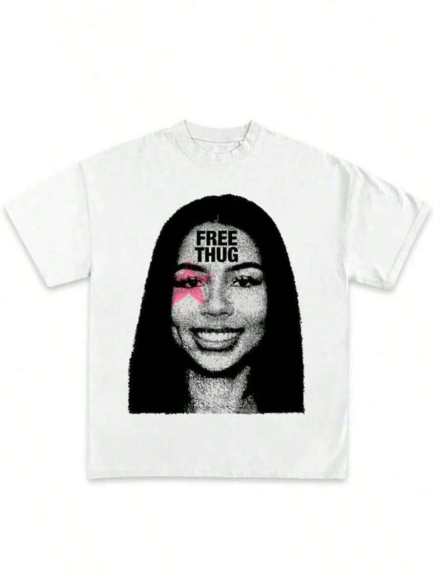 Women Men Mariah Scientist Rapper Young Hip-Hop Tee Tshirt, Women Tee Classic Free Thugs Print Round Neck Short Sleeve T-Shirt Y2K Vintage Streetwear Graphic Oversized Cotton Women TopsLoose And Comfortable - A18 - 查看 1