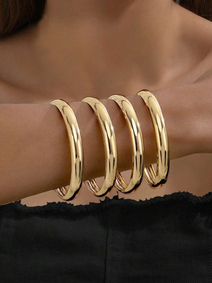 4pcs Metal Smooth Oversized Minimalist Bangle Bracelet Set, Fashion Gift For Women, Daily Wear Jewelry - A 4-piece Set - View 1