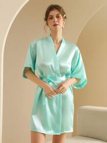Women's Silk Nightgown Wedding Dressing Robe Lightweight Cardigan Robe Bridal Morning Robe Friend's Robe, Suitable For Home And Hotel Wear. - Turquoise - View 6