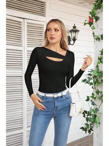 Womens Fashion Fall Cutout Long Sleeve Ribbed Slim Fitted Tops Shirts Tee Tshirts - Long-black - View 3